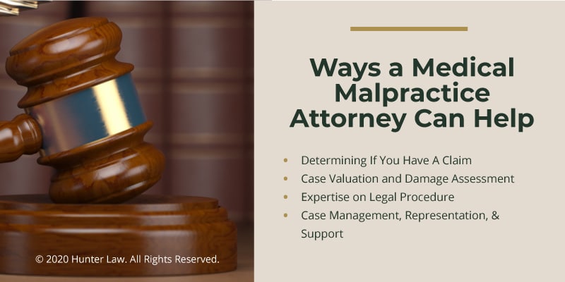 Callout 3, image of gavel with text; Ways a medical malpractice attorney can help