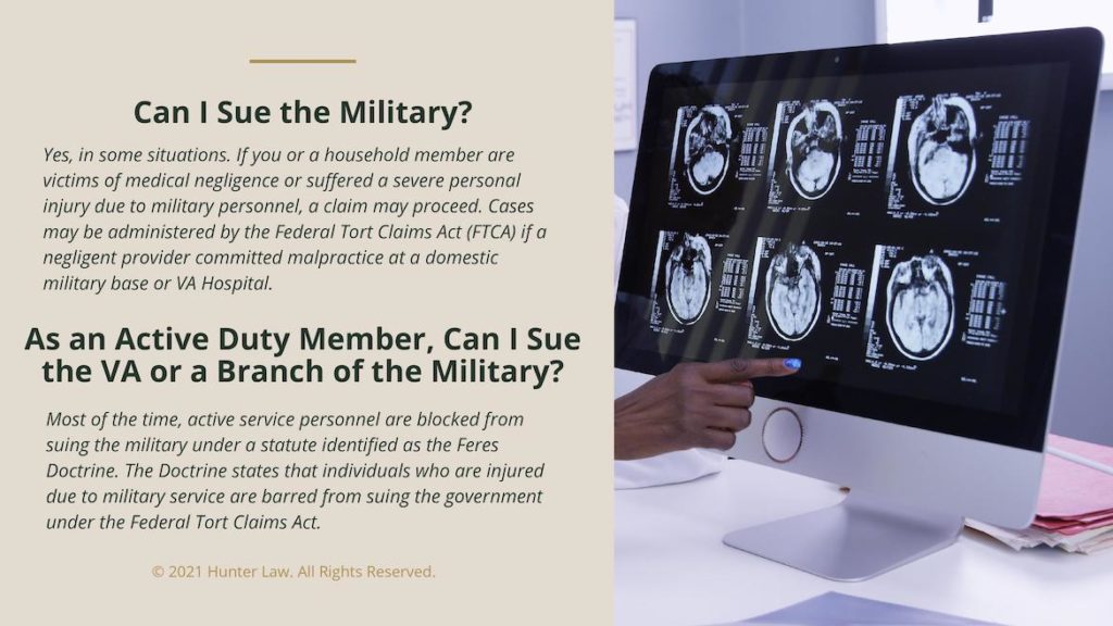 Callout 3: Text - Can I Sue the Military beside a computer screen of brain scans.