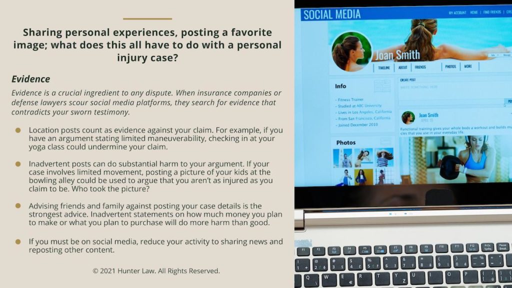 Callout 4- computer screen with social media profile and text: Sharing personal experiences posting a favorite image: what does this have to do with a personal injury case?
