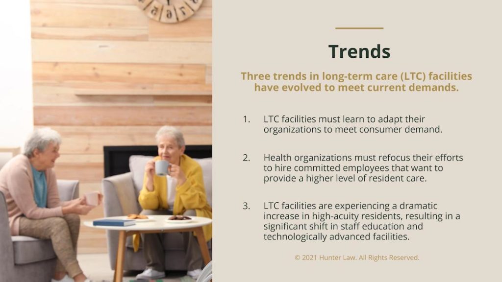 Callout 1- Two female residents having a conversation at round table in nursing home with text: Trends - Three Trends in long-term (LTC) facilities