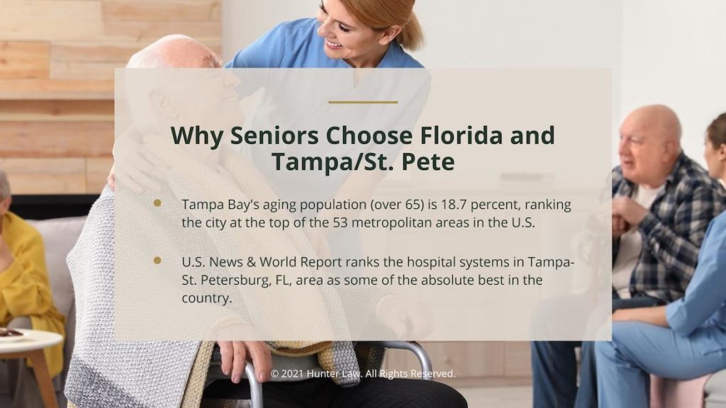 Callout 2- nurse assisting seniors in retirement home with text: Why Seniors Choose Florida and Tampa/St. Pete