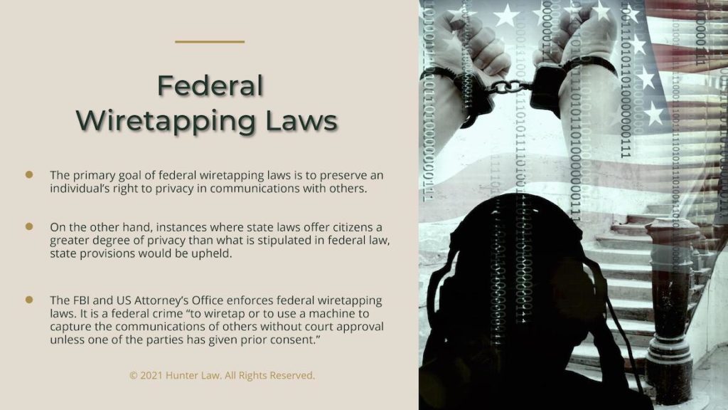 Callout 2 Text: Federal Wiretapping Laws with side montage of handcuffed hands, shadowy figure with surveillance headpiece and American flag