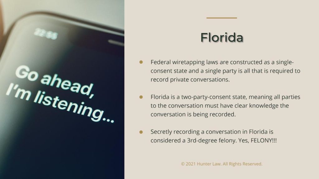 Callout 3- Text: Florida with 3 bullet points and side image of voice activated smartphone with text on screen, Go Ahead, I'm listening 