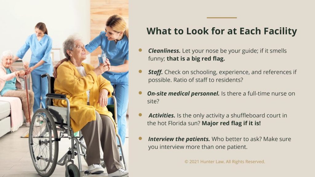 Callout 4- nurses assisting elderly at retirement home with text: What to Look for at Each Facility