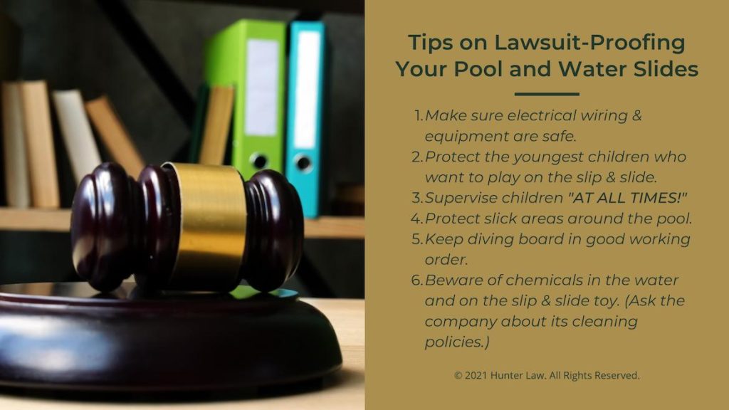 Callout 2- Gavel and books on desk with Title: Tip on Lawsuit-Proofing your Pool and Water Slides with 6 tips