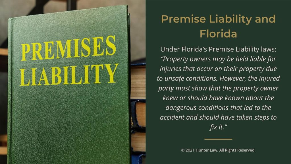 Callout 4- Green book titled Premises Liability with text: Premise Liability and Florida