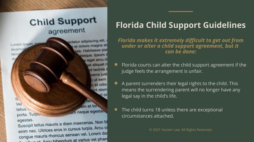 Callout 2- judges gavel on child support agreement-Title: Florida Child Support Guidelines with 3 bullet points