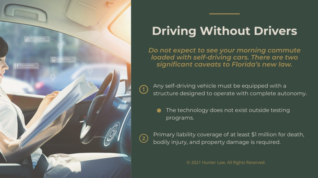 Callout 1- female reading in autonomous vehicle driving- Driving without Drivers- 2 sections of Florida law