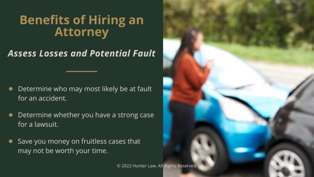 Callout 2: Female standing at scene of car accident - Benefits of Hiring An Attorney - 3 bullet points
