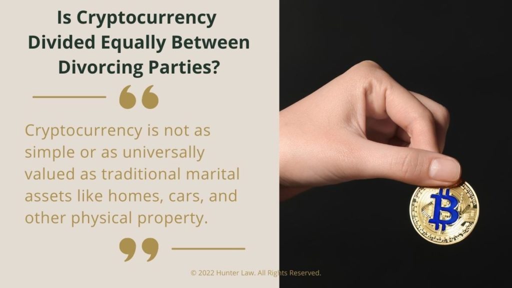 Callout 2: Hand holding bitcoin - Is Cryptocurrency divided equally between divorcing partners? - quote from text