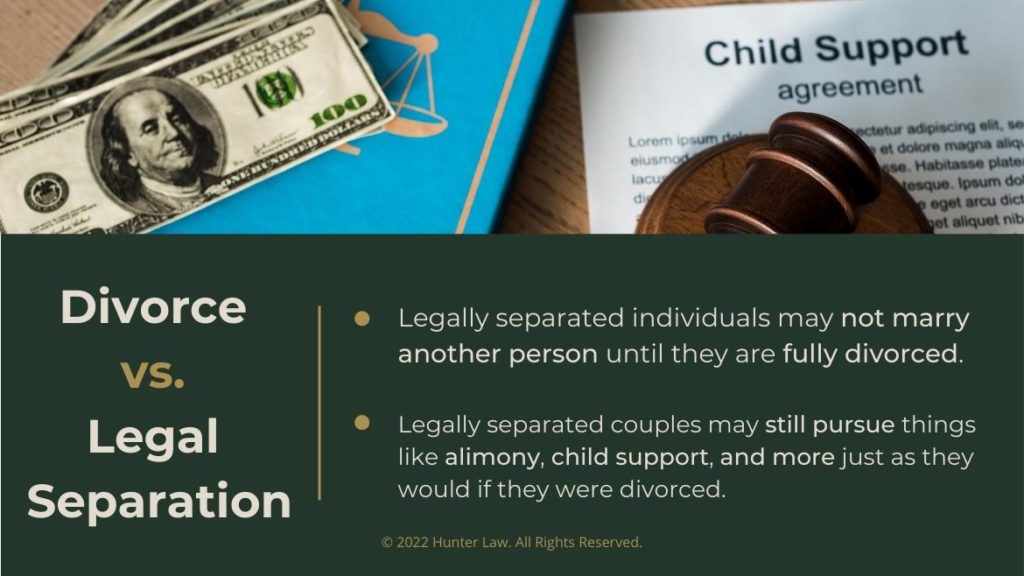 Callout 3: Banknotes on Family Law, wooden gavel on Child Support agreement - legal separation quote from text