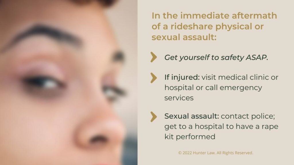 Callout 2: Close-up of female rideshare passenger looking at camera - 3 things to do in immediate aftermath of rideshare physical or sexual assault