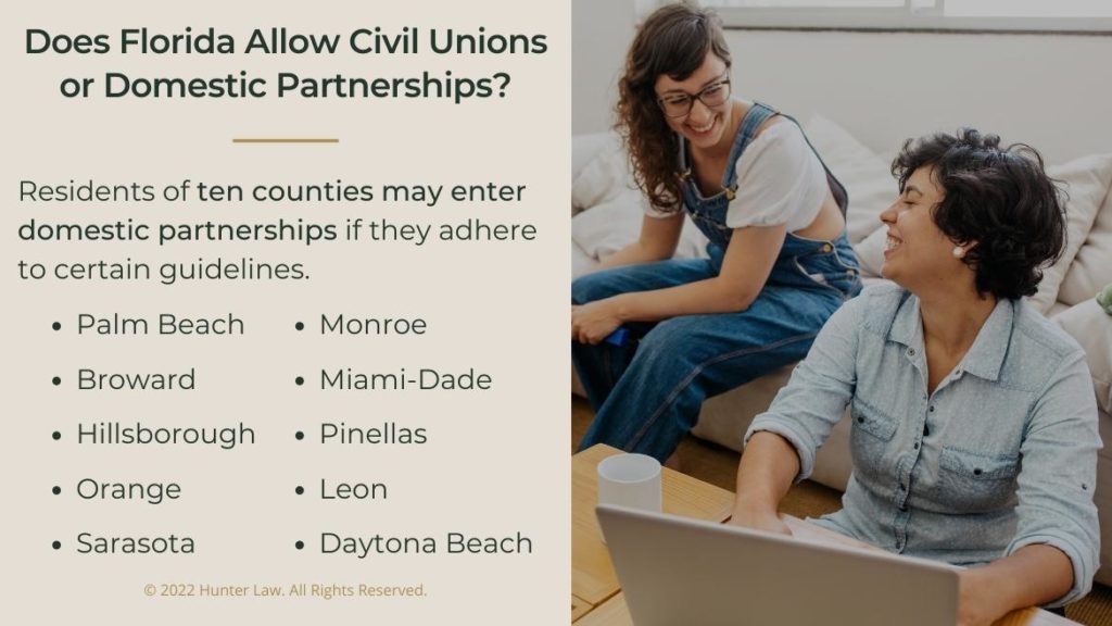 Callout 2: Two females laughing at home - !0 Florida counties listed where domestic partnerships are allowed