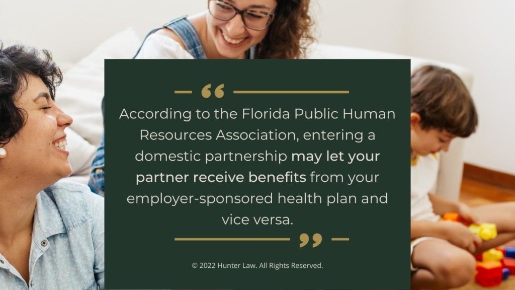 Callout 3: Two smiling females at home with child - Florida Public Human Resources Association quote from text about benefits possible from domestic partnerships