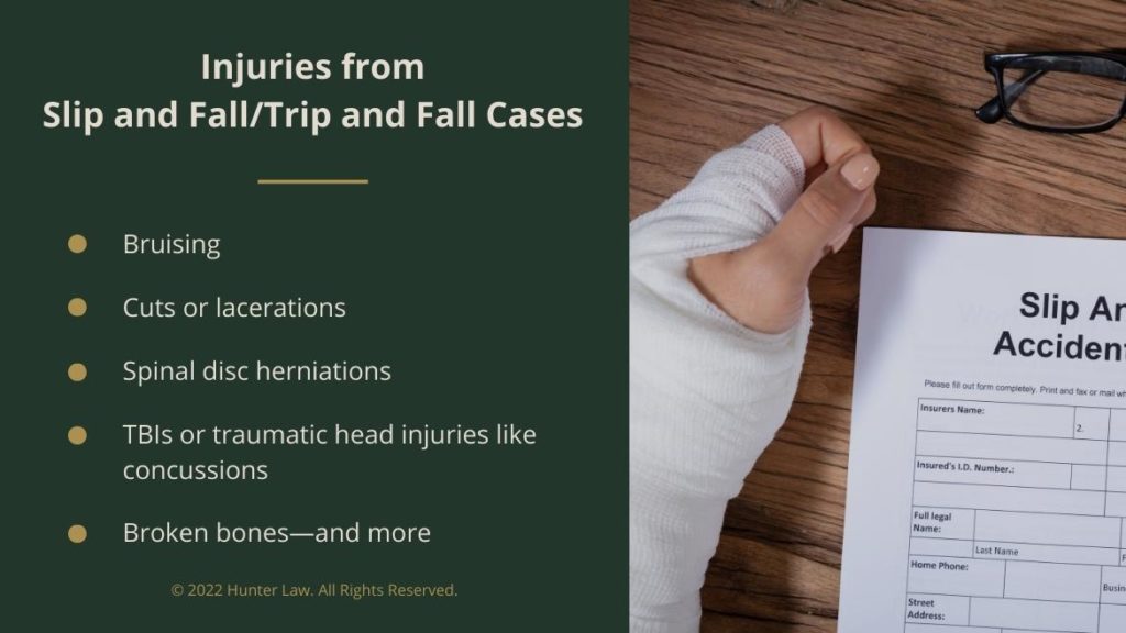 Callout 2: Woman with fractured hand filling out Slip and Fall injury form - Injuries from Slip and Fall/Trip and Fall Cases- 5 bullet points