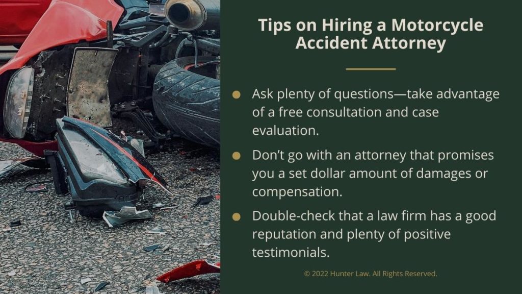 Callout 3: motorcycle crash scene - Tips on Hiring a motorcycle accident attorney - three bullets listed