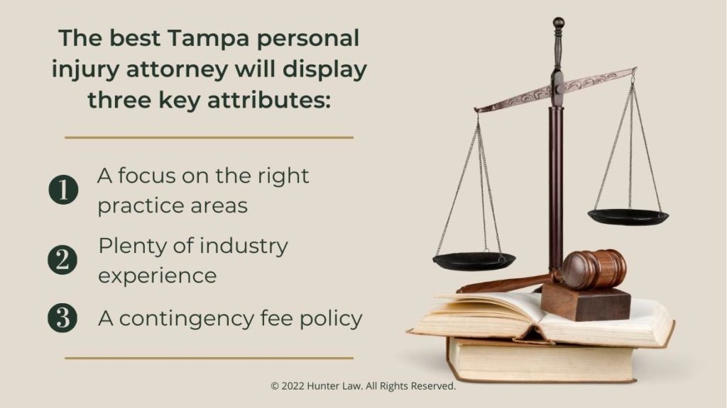 Callout 1: Scales of justice, judges gavel on law books- the best Tampa personal injury attorney display 3 key attributes- 3 listed