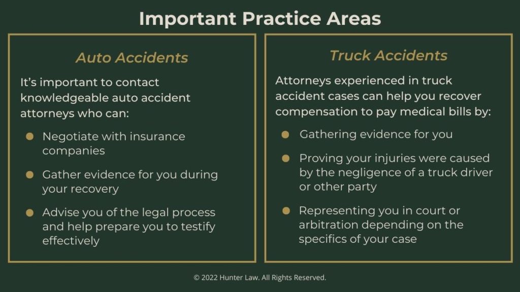 Callout 2: Important Practice Areas, Auto accident and Truck accident- 3 bullet points for each area