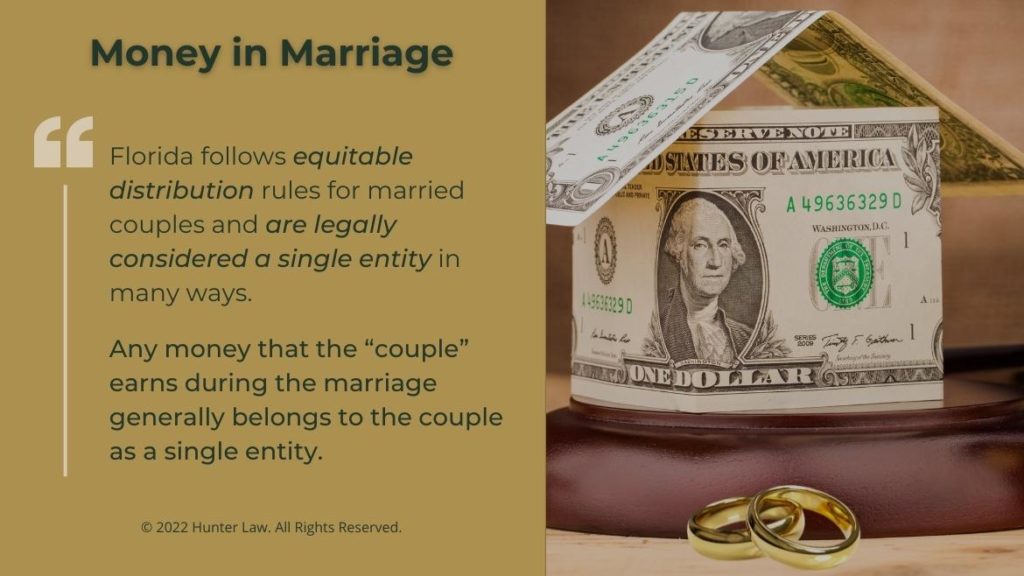 Callout 1: Money bills folded in shape of house on judges gavel- Money in Marriage- equitable distribution quote from text