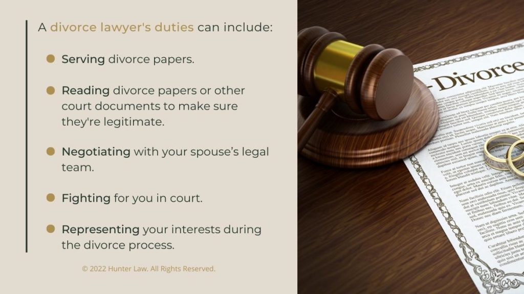 Callout 1: Divorce decree, judges gavel on top of desk- Divorce Lawyer's duties- 5 listed
