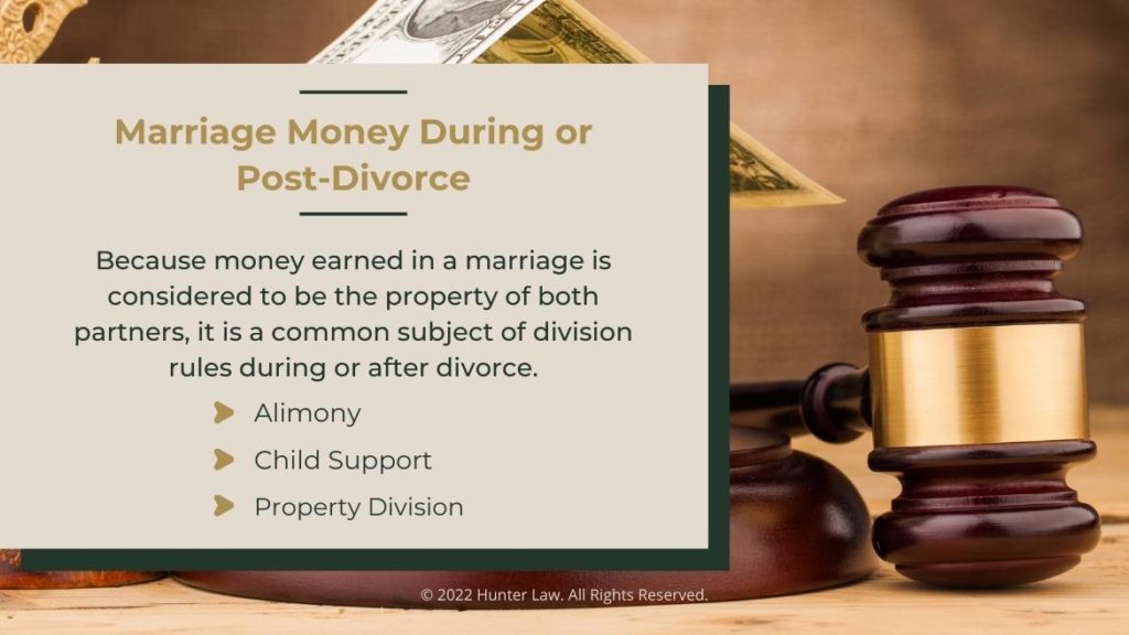 Callout 5: Judges gavel on desk- Marriage Money during or Post-divorce-3 subjects of division listed