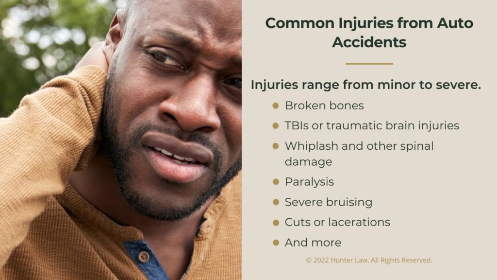 Callout 2: Close-up of male auto accident victim holding back of neck= common injuries from auto accidents- 7 bullet points