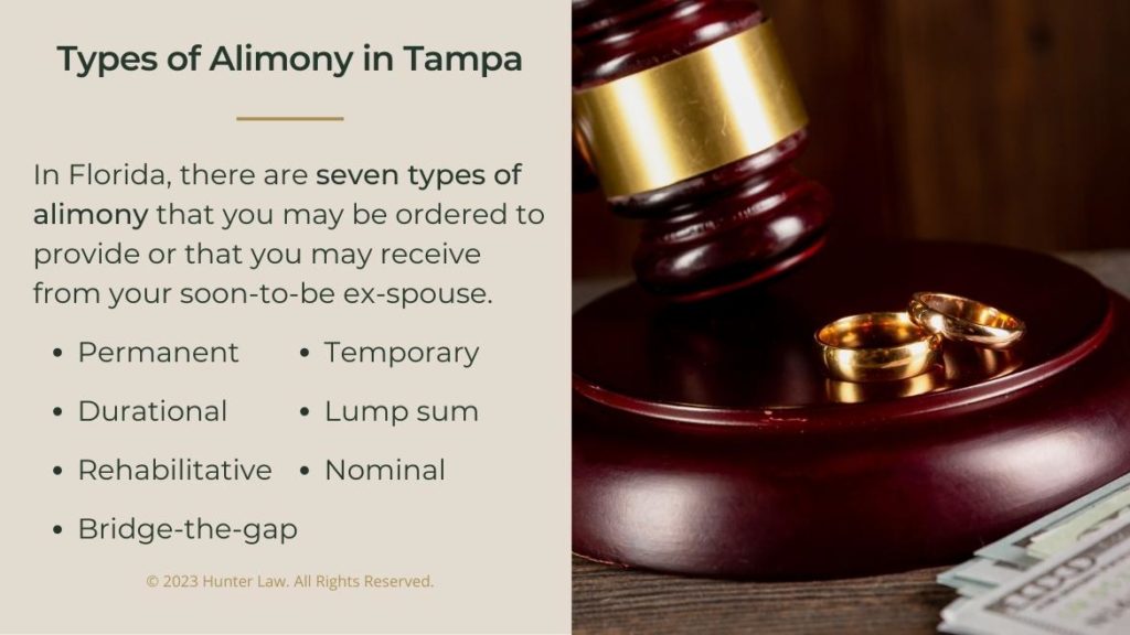 Callout 2: judges gavel, two wedding rings and paper bills- types of alimony in Tampa- 7 listed