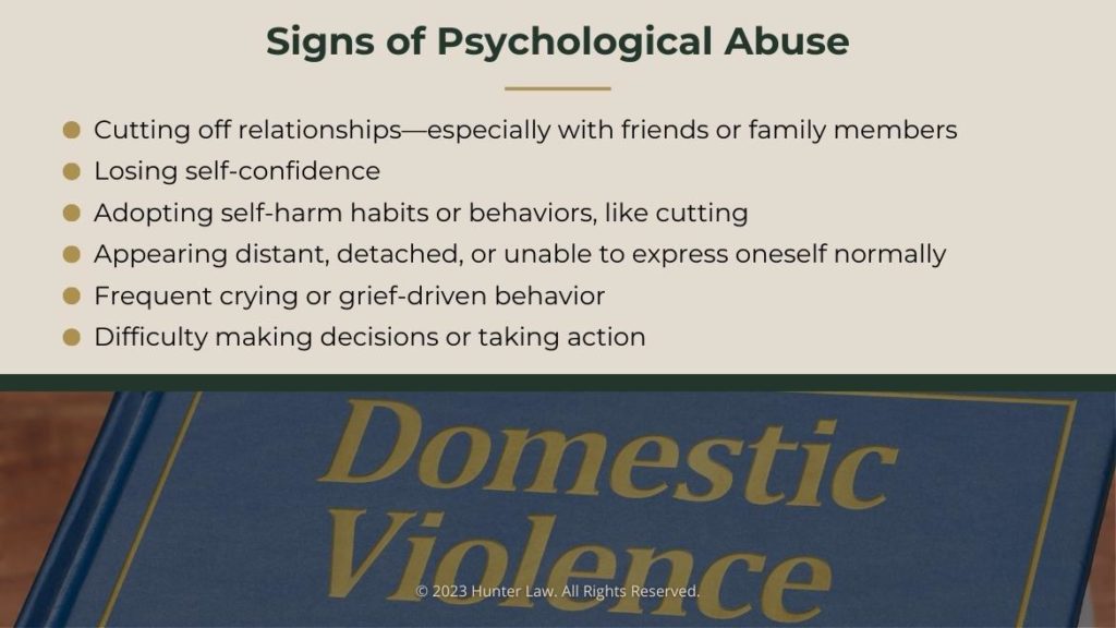 Callout 3: domestic violence book title showing- signs of psychological abuse- six signs listed