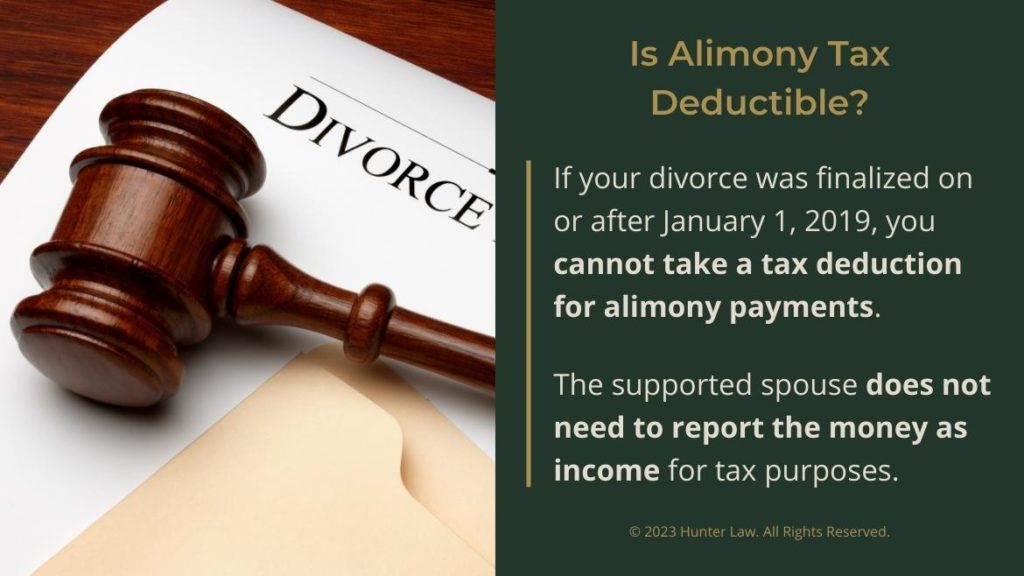 Callout 4: judges gavel on top of divorce decree- is alimony tax deductible? 2 facts listed