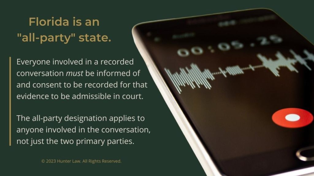 Callout 1: close-up of recording wave on smartphone screen- quote from text about Florida as "all-party" state regarding recorded conversations