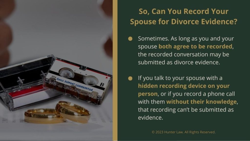 Callout 2: micro-cassette recordings and two wedding rings on top of divorce agreement- Can You Record Your Spouse for Divorce Evidence?