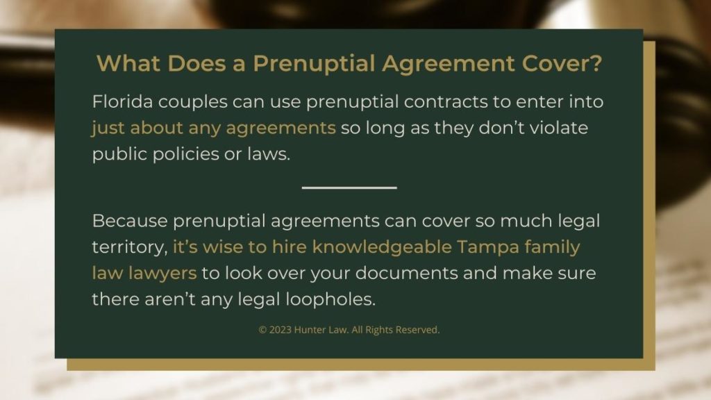 Callout 2: prenuptial agreement contract and judges gavel- What does a prenuptial agreement cover? - two facts listed