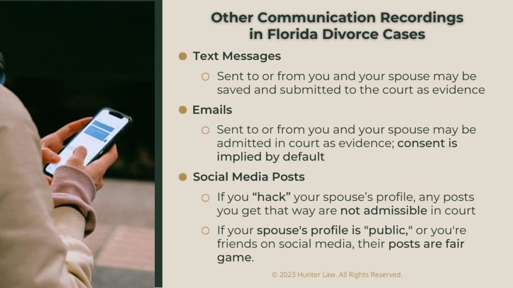 Callout 4: person holding a smartphone with screen open to text message- Other Communication Recordings in Florida divorce cases - three listed