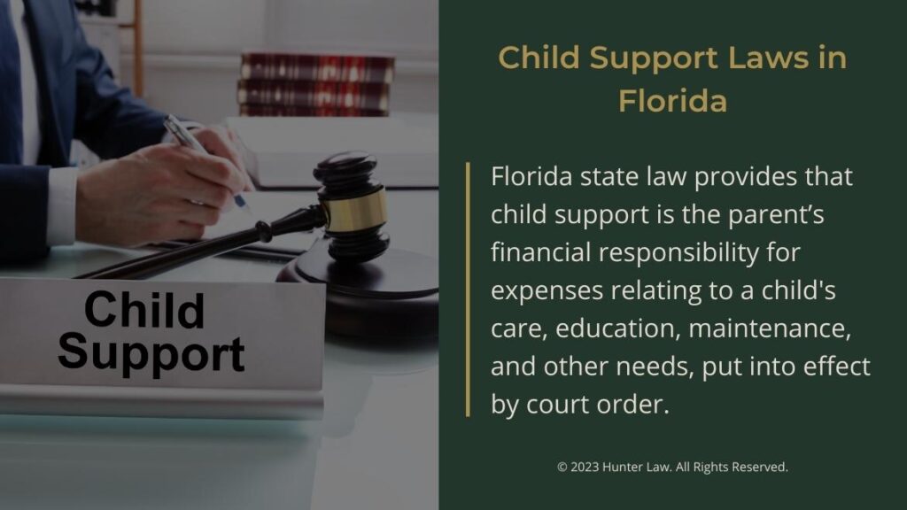 Callout 1: child support nameplate on lawyers desk with law books and judges gavel- child support laws in Florida