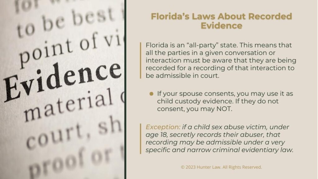 Callout 1: Dictionary definition of the word Evidence in bold print- Florida's laws about recorded evidence- 3 facts 