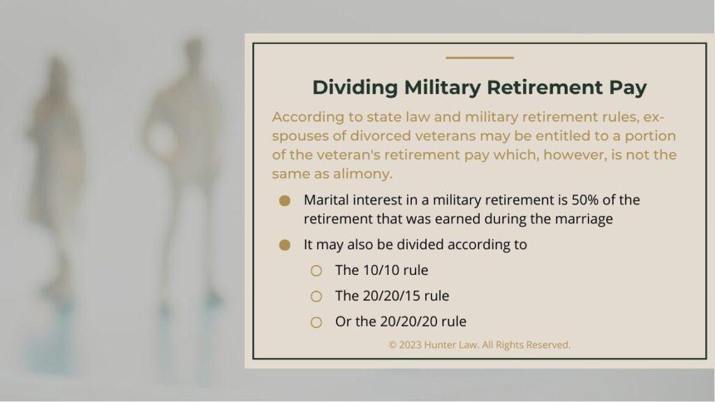 Callout 2: Faded background of divorced couple- Dividing Military Retirement Pay- 2 bullet points