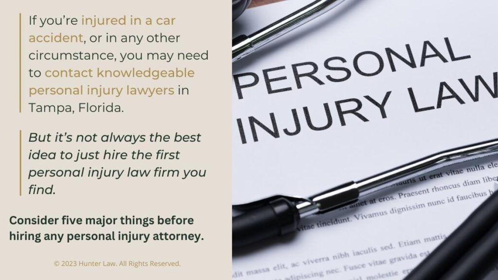 Callout 1: Close-up of personal injury document- Quote from text about hiring a personal injury lawyer