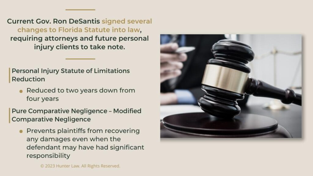 Callout 1: Close-up of judges gavel on desk- Changes to Florida statues - personal injury statue of limitation reduction - pure comparative negligence 