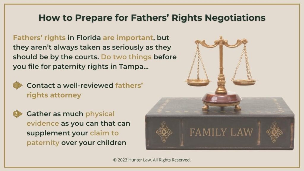 Callout 3: Justice scales on top of Family Law book- How to Prepare for Father's Rights Negotiations- three preparation steps 