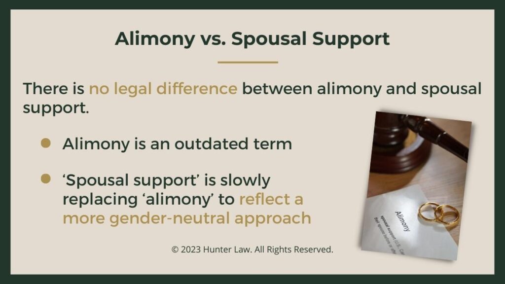 Callout 1: Judges gavel, Alimony paper, two wedding bands on desk; alimony vs spousal support- 2 facts