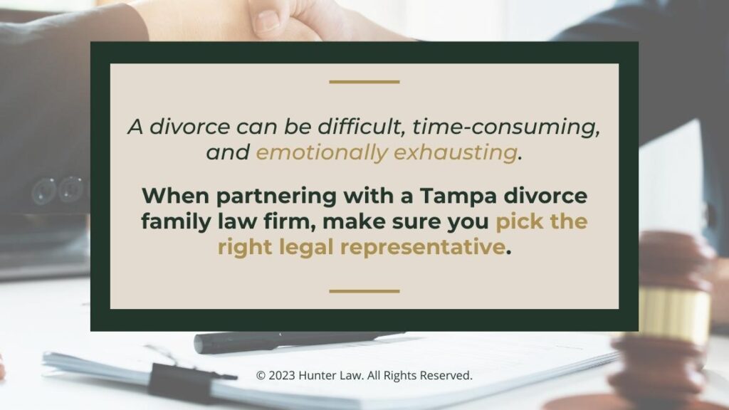 Callout 1: Close-up of client shaking hands with attorney- 2 quotes from text about choosing the right divorce family law firm