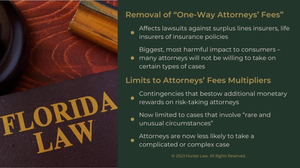 Callout 2: Florida Law book on desk; Removal of "one-way attorney fees"- 2 facts