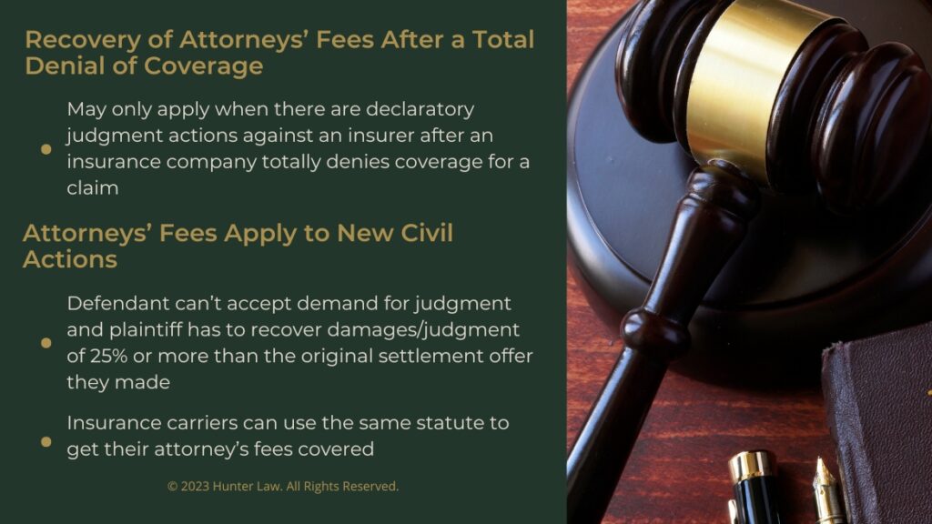 Callout 3: Judges gavel on desk- Recovery of attorneys' fees after a total denial of coverage- attorneys' fees apply to new civil actions- 2 facts