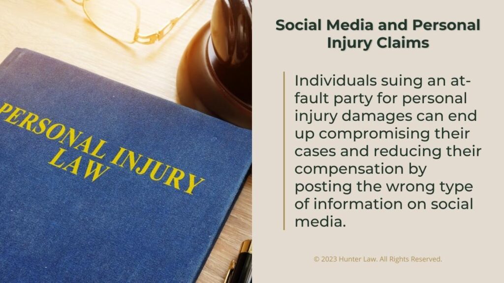 Callout 1: Blue personal injury law book on desk- Social media and personal injury claims quote from text