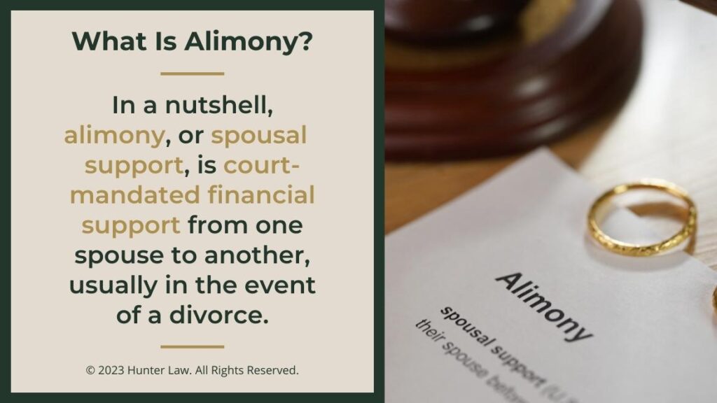 Callout 1: Gold wedding band on top of Alimony document on desk- What is alimony? definition given.