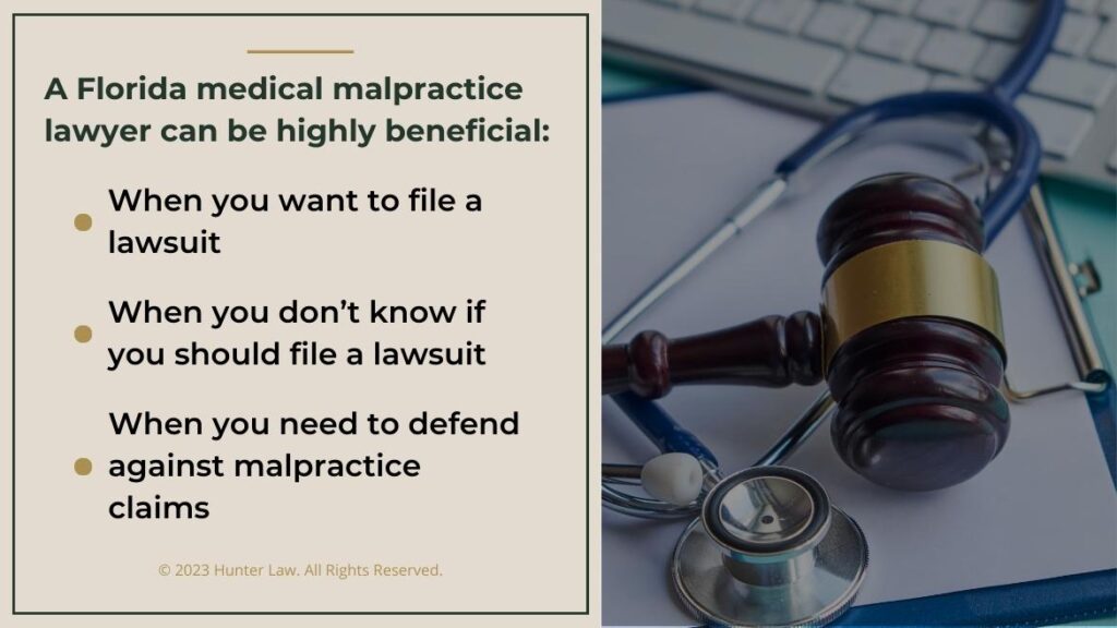 Callout 2: Judge's gavel, stethoscope, files on desk- Florida medical malpractice lawyer benefits- 3 listed