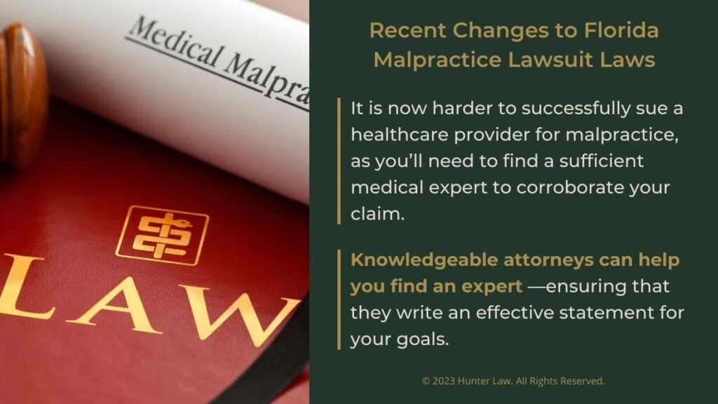 Callout 4: Red leather law book, judges gavel, medical malpractice writ- Recent changes to medical malpractice laws in Florida 2023