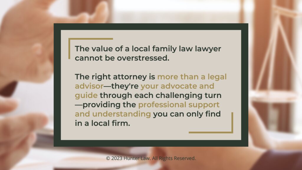Callout 1: Close-up of lawyer consultation with client with expressive hands- Quote from text about the value of hiring the right family law lawyer