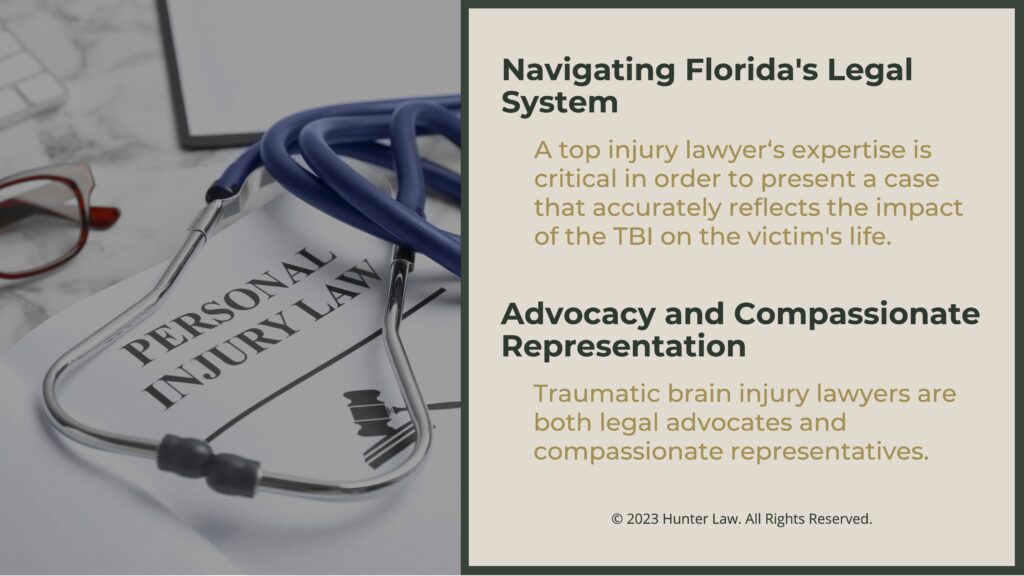 Callout 2: Stethoscope on top of Personal Injury Law document- Navigating Florida's legal system with a TBI case.