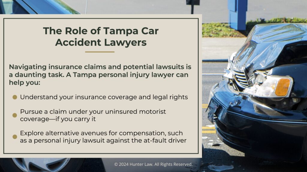 Callout 3: Close-up of front car bumper after accident- the role of Tampa car accident lawyers- three points listed